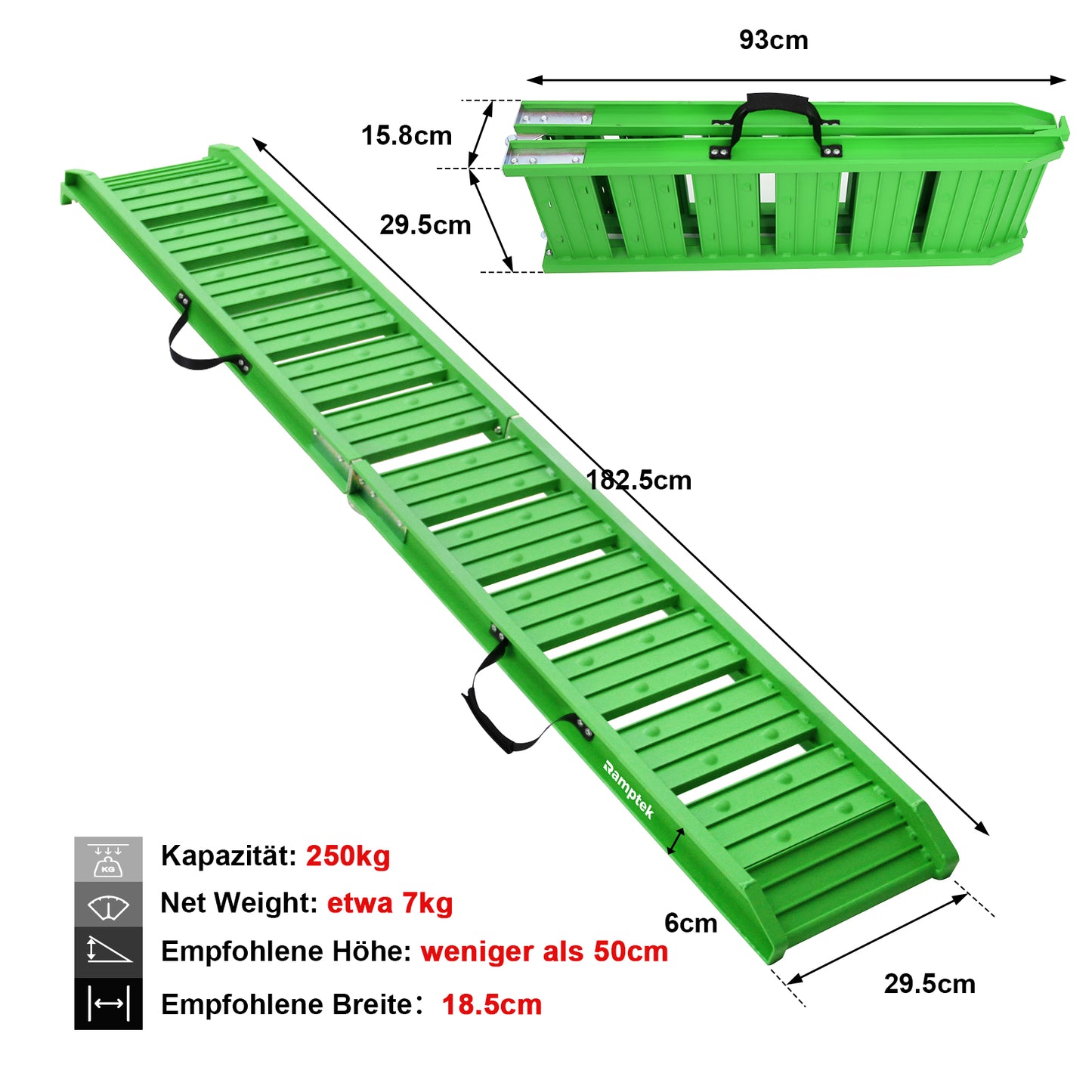 1x182.5cm Auffahrrampe Klappbar 250kg Kapazität Laderampe, Faltbare Alu Verladeschiene Auffahrrampen, Antirutsch Laderampe für Motorrad ATV Quad PKW（Rot）