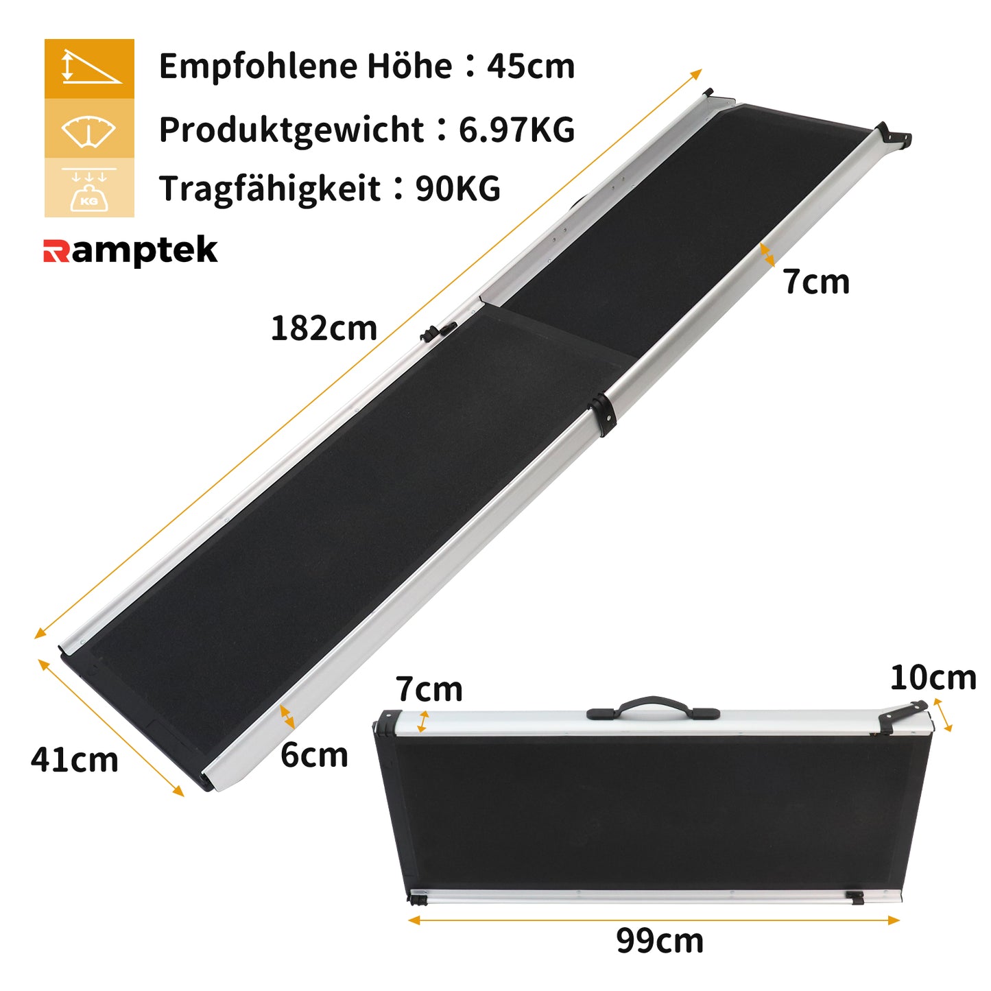 184.5 x 38cm Haustierrampe, klappbar Hundetreppe, 180KG Tragfähigkeit, Hunderampe für Autos, LKWs und SUVs