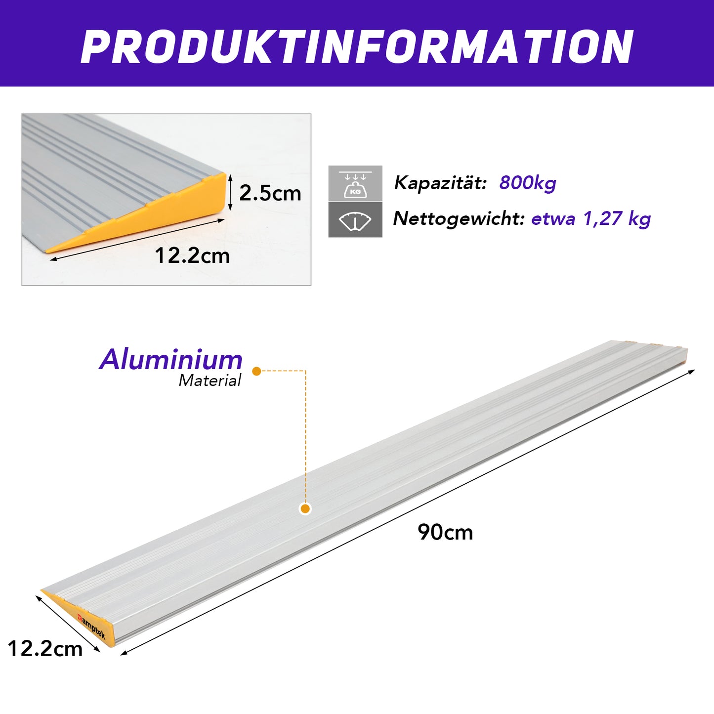 ürschwellenrampe, Belastung 800 kg, Rampe für Türschwellen, Leichte, rutschfeste Aluminium-Gehrampe zum Besteigen von Schwellen