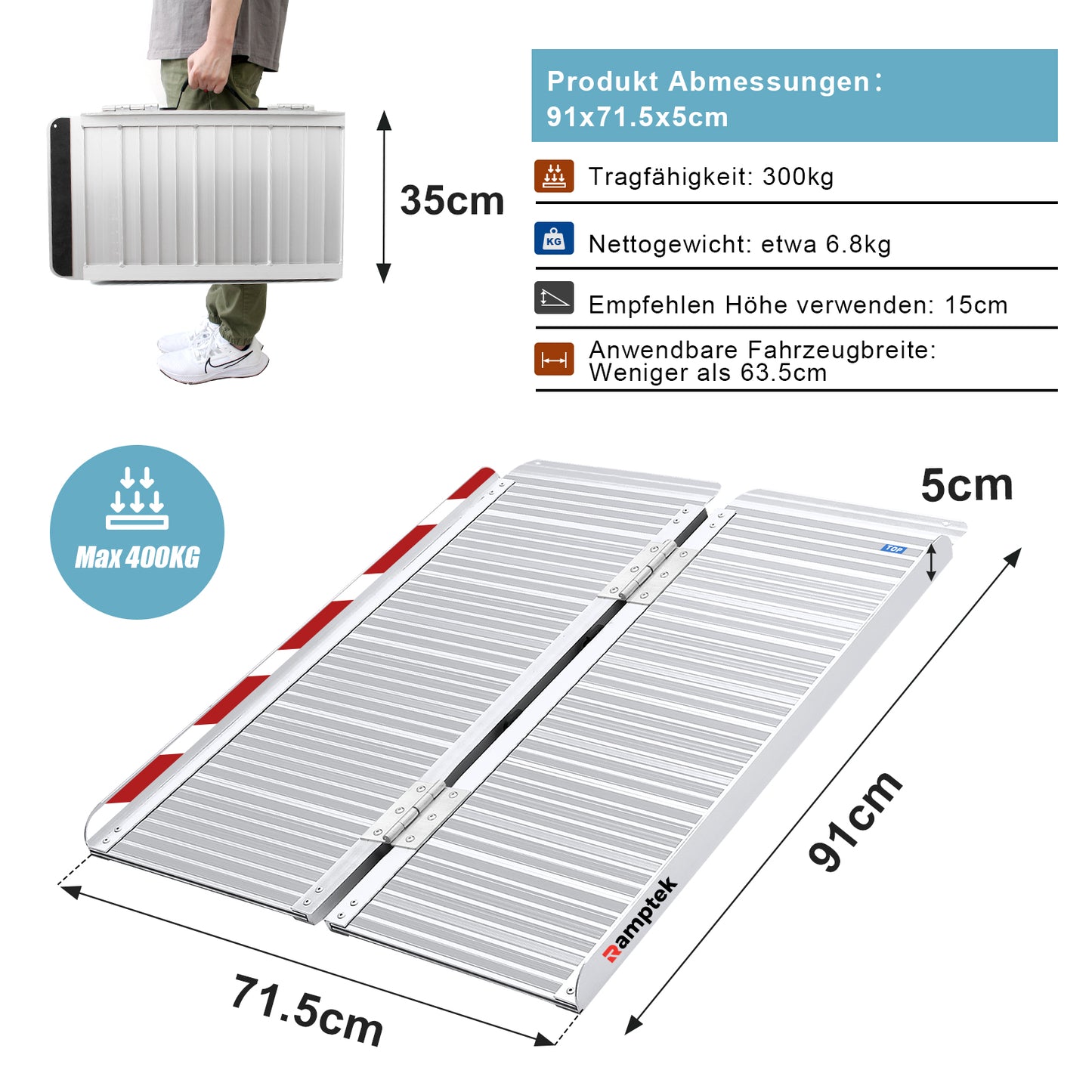 Schwellenrampe für Stufen, Treppen, Portale, Elektromobil, zusammenklappbare Rollstuhlrampe