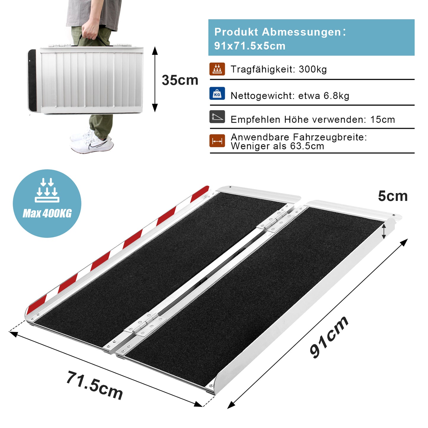 Rollstuhlrampe mit rutschfester Oberfläche Schwellenrampe für Stufen,  Elektromobil, klappbare