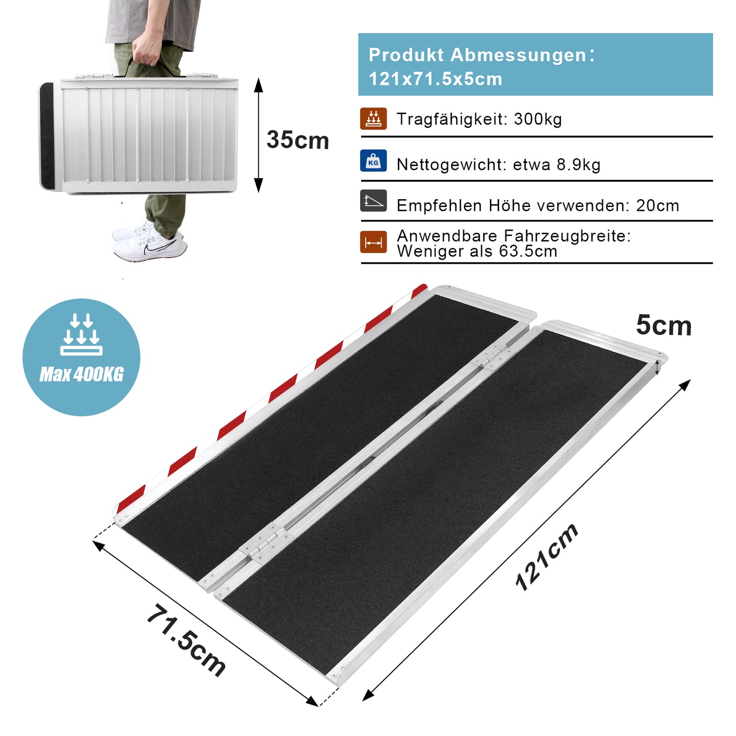 Rollstuhlrampe mit rutschfester Oberfläche Schwellenrampe für Stufen,  Elektromobil, klappbare