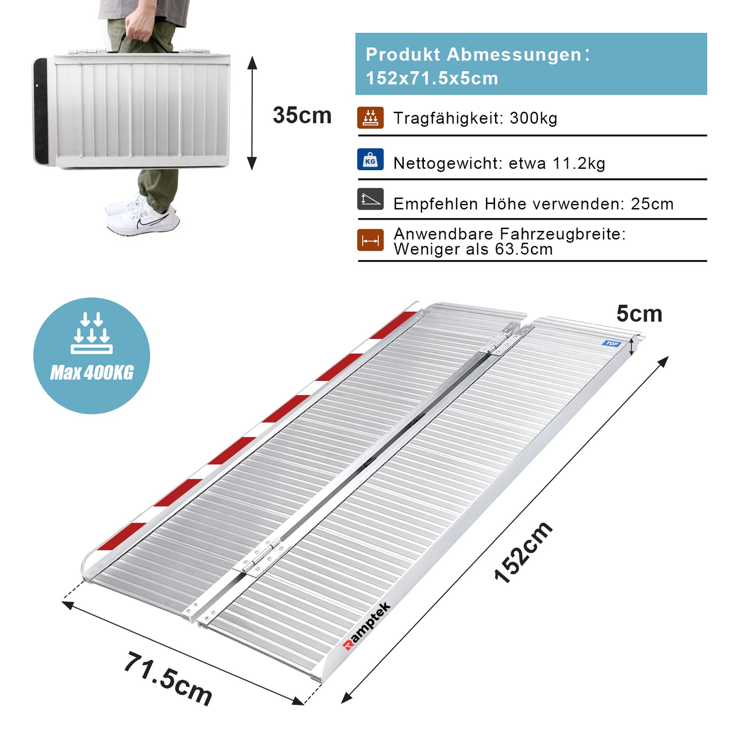 Schwellenrampe für Stufen, Treppen, Portale, Elektromobil, zusammenklappbare Rollstuhlrampe