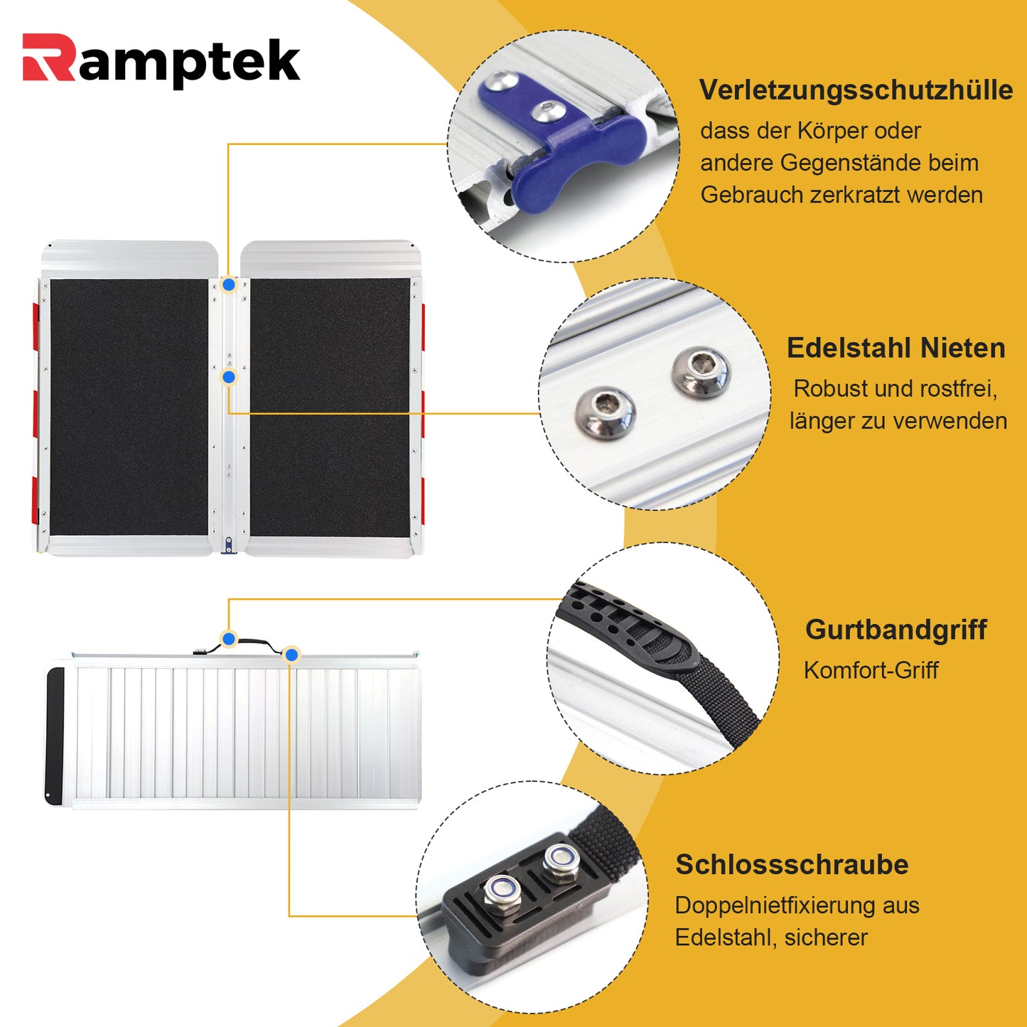 Schwellenrampe für rutschfesten und faltbaren Rollstuhl, Gewichtskapazität 600 Pfund.