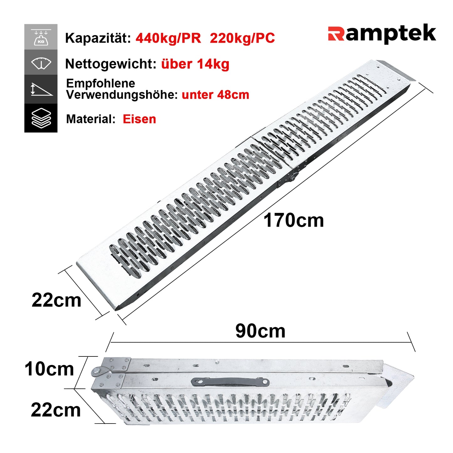 2X Auffahrrampe 440kg klappbar Laderampe, Stahl Verladerampe Laderampen für Anhänger Motorrad ATV Quad (170 x 22 cm)