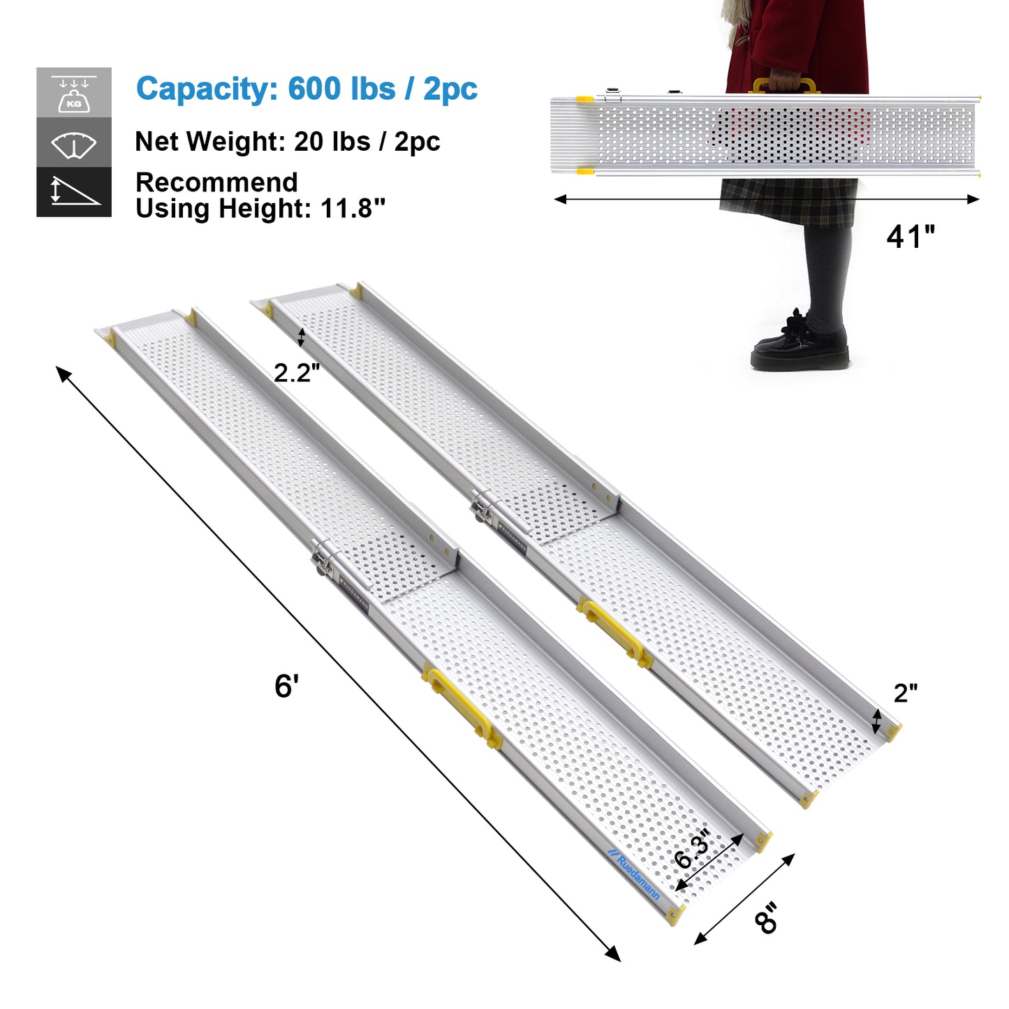 Tragbare Aluminium-Rollstuhlrampe, teleskopierbare, verstellbare, rutschfeste Rampe für Rollstühle, Treppen, Vans, Stufen, hält bis zu 600 lbs