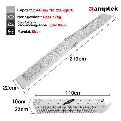 2X Auffahrrampe 440kg klappbar Laderampe, Stahl Verladerampe Laderampen für Anhänger Motorrad ATV Quad (170 x 22 cm)