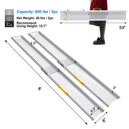 Tragbare Aluminium-Rollstuhlrampe, teleskopierbare, verstellbare, rutschfeste Rampe für Rollstühle, Treppen, Vans, Stufen, hält bis zu 600 lbs