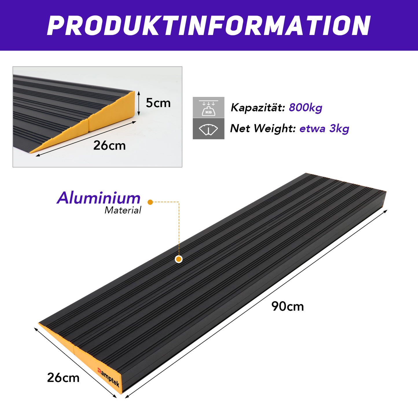 ürschwellenrampe, Belastung 800 kg, Rampe für Türschwellen, Leichte, rutschfeste Aluminium-Gehrampe zum Besteigen von Schwellen