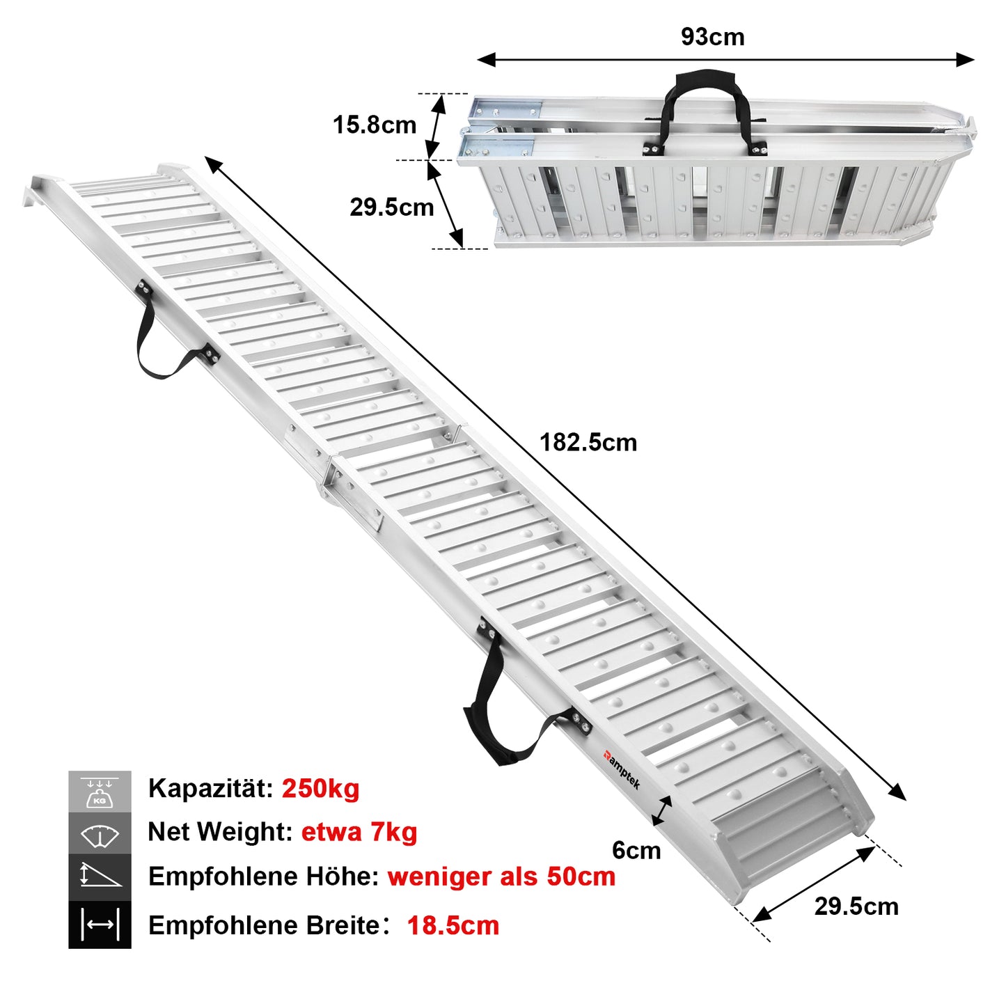 1x182.5cm Auffahrrampe Klappbar 250kg Kapazität Laderampe, Faltbare Alu Verladeschiene Auffahrrampen, Antirutsch Laderampe für Motorrad ATV Quad PKW（Rot）