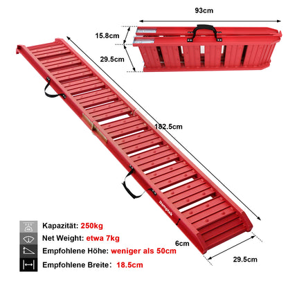 1x182.5cm Auffahrrampe Klappbar 250kg Kapazität Laderampe, Faltbare Alu Verladeschiene Auffahrrampen, Antirutsch Laderampe für Motorrad ATV Quad PKW（Rot）