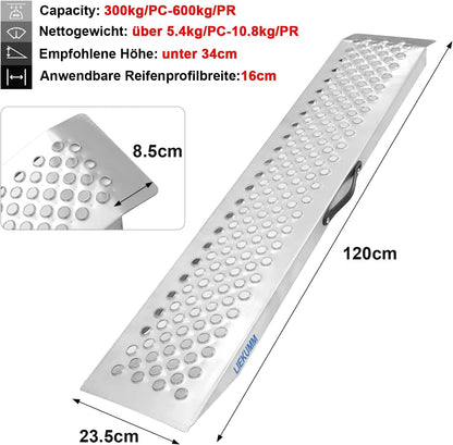 120cm lang Auffahrschiene Laderampe, Laderampe mit Stanze, 300kg/PC Kapazität für Motorrad, ATV, LKW, Quad, Rasenmäher, Schneefräse, Anti-Rutsch Wasserdicht Rostfrei, 1 STK.